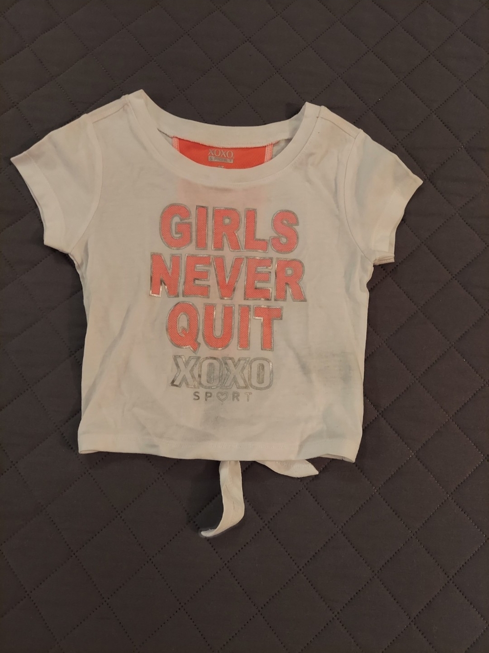 XOXO White Tee with Coral Lettering Tie-Front